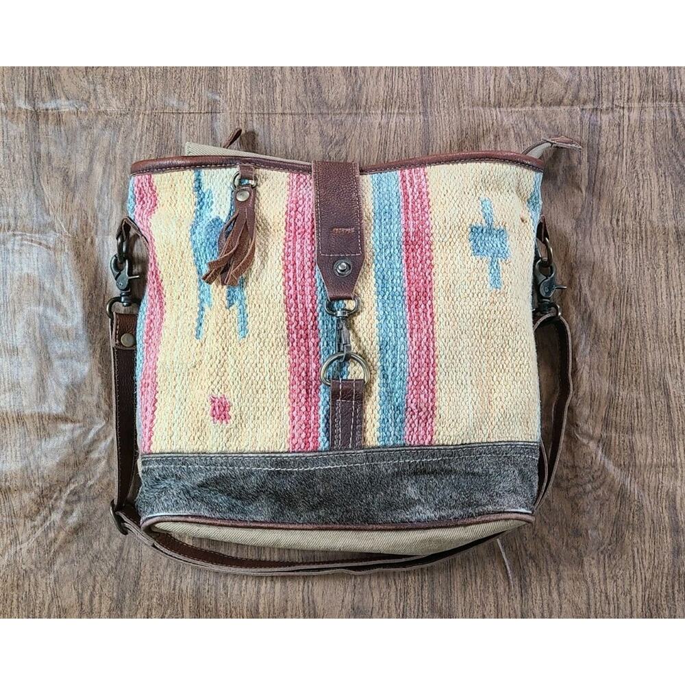 Myra Bag Crossbody Shoulder Cowhide Leather Canvas Purse Adjustable Western